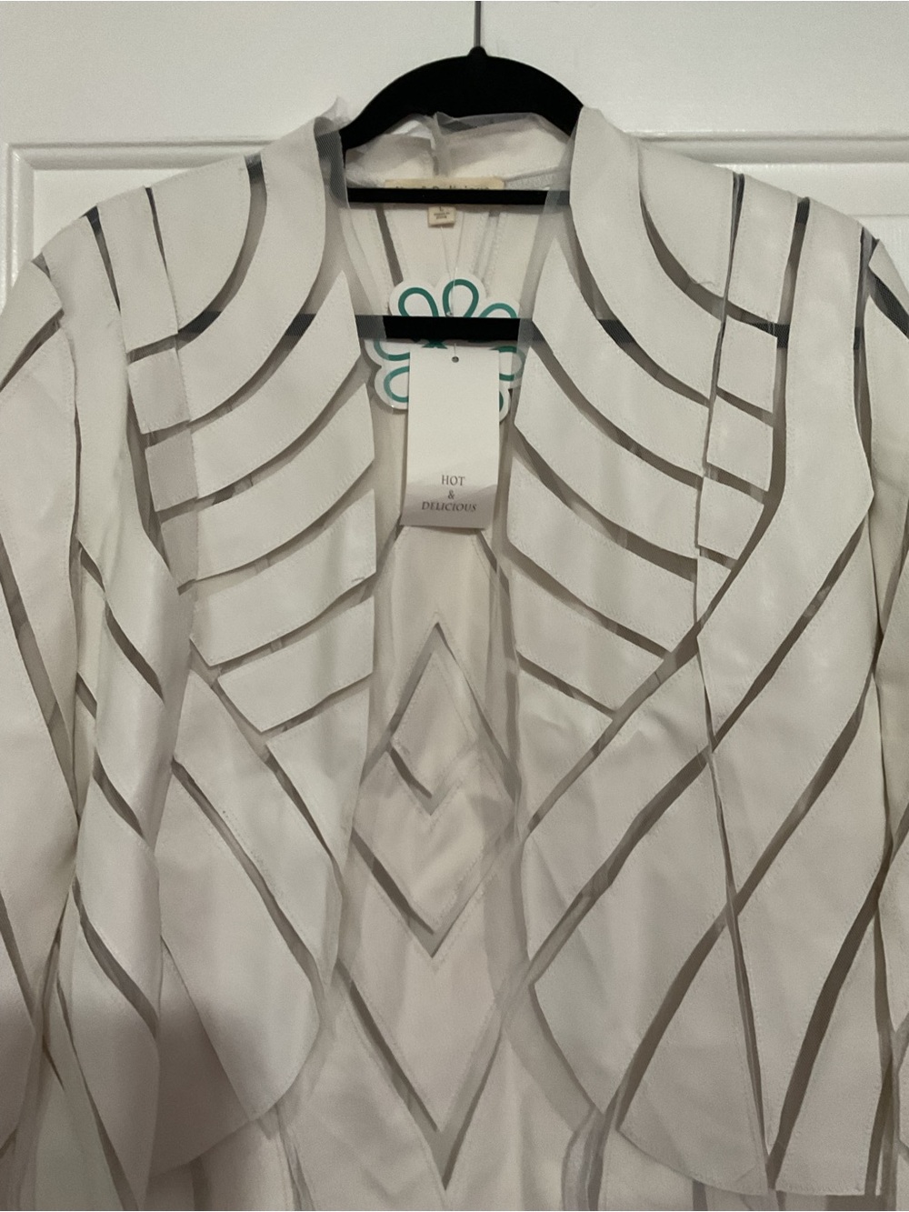 White Geometric-Striped Open Front Women's Jacket - Picture 2 of 7